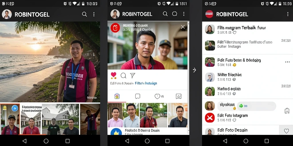 Tampilan antarmuka pengguna ROBINTOGEL yang menarik dengan berbagai filter Instagram.